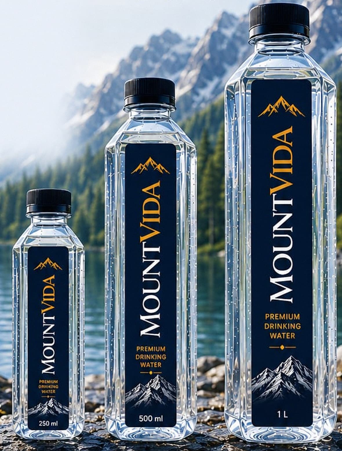The MOUNTVIDA range — 250 ml, 500 ml and 1 litre bottles of premium packaged drinking water